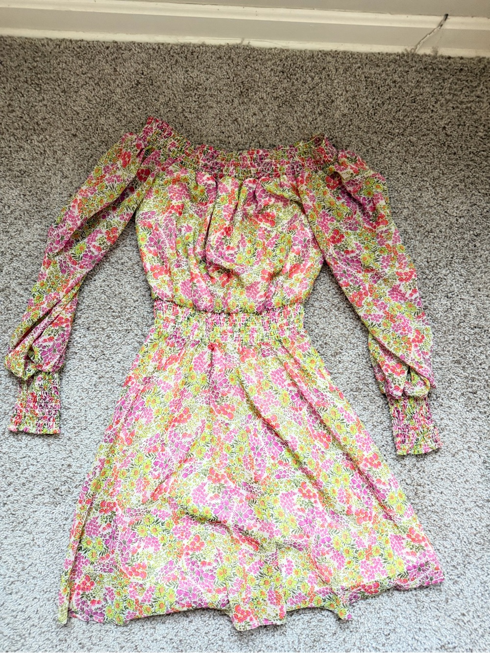Leyden Pink & Green Floral Off-Shoulder Long Sleeve Dress